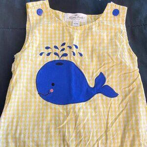 Marie Nicole Yellow Gingham with Blue Whale Embroidered Infants' Romper / Onesie